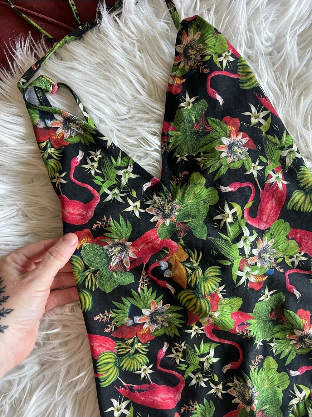 Tropical Flamingo One Piece Swimsuit Black Floral Jungle Print Tie Back M - Picture 3 of 7